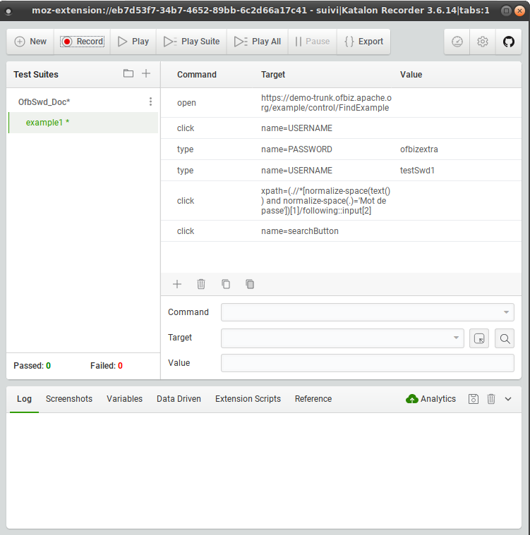 Katalon with Example1 recorded actions